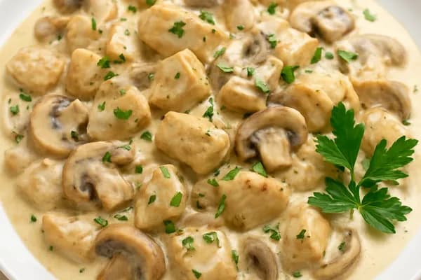 Куряче фрикасе з грибами у вершках